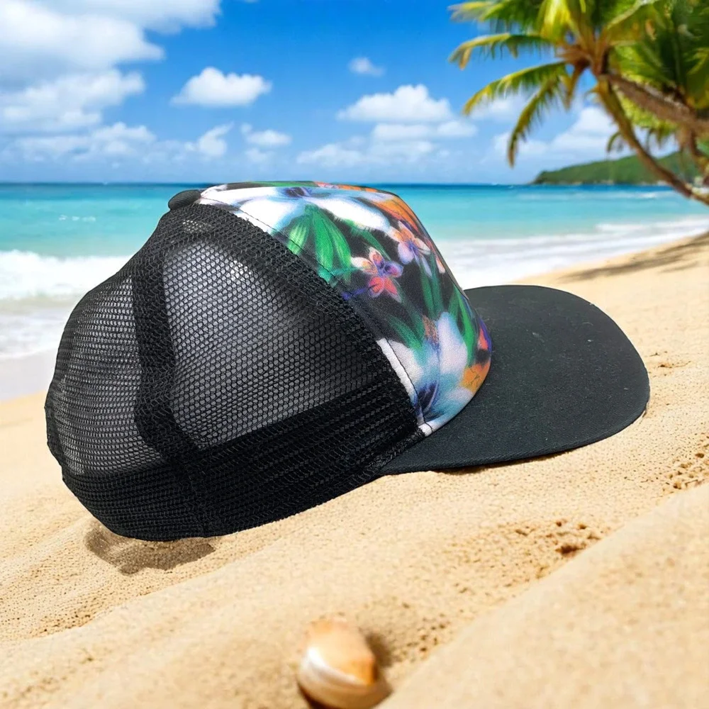 Hurley Tropical Floral Print Black Mesh Snapback Trucker Hat Cap Skater Beach